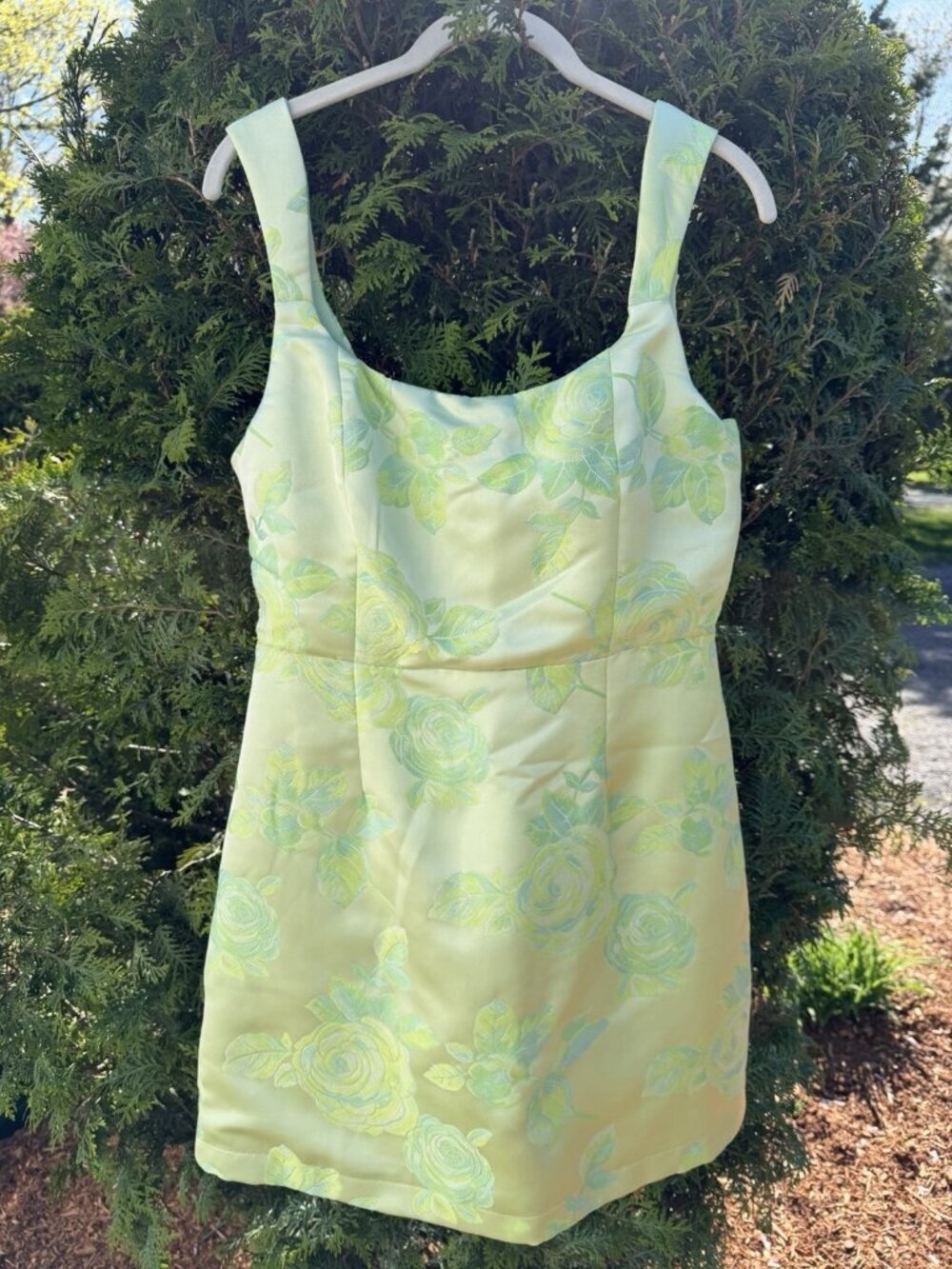 Lulus Brighter Side light green floral satin jacquard mini dress wedding M - Picture 2 of 14